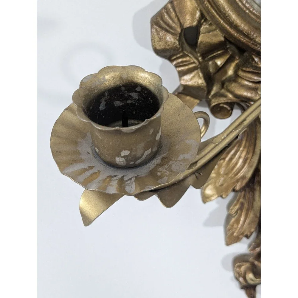 Vintage Italian Giltwood Bow Top Botanical Decor Mirror Two Candle Wall Sconce